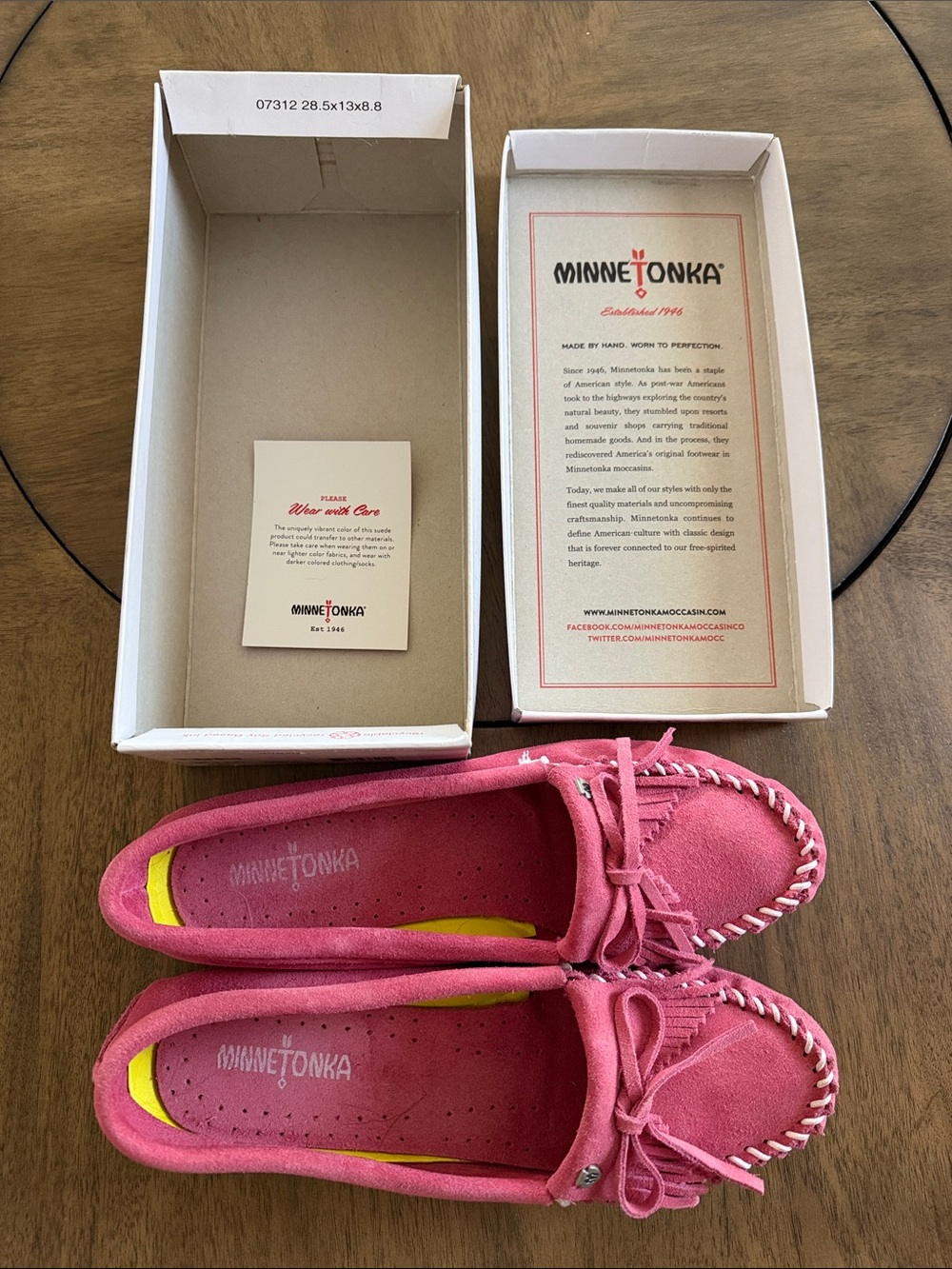 Minnetonka Pink Suede Moccasins with Yellow Insole